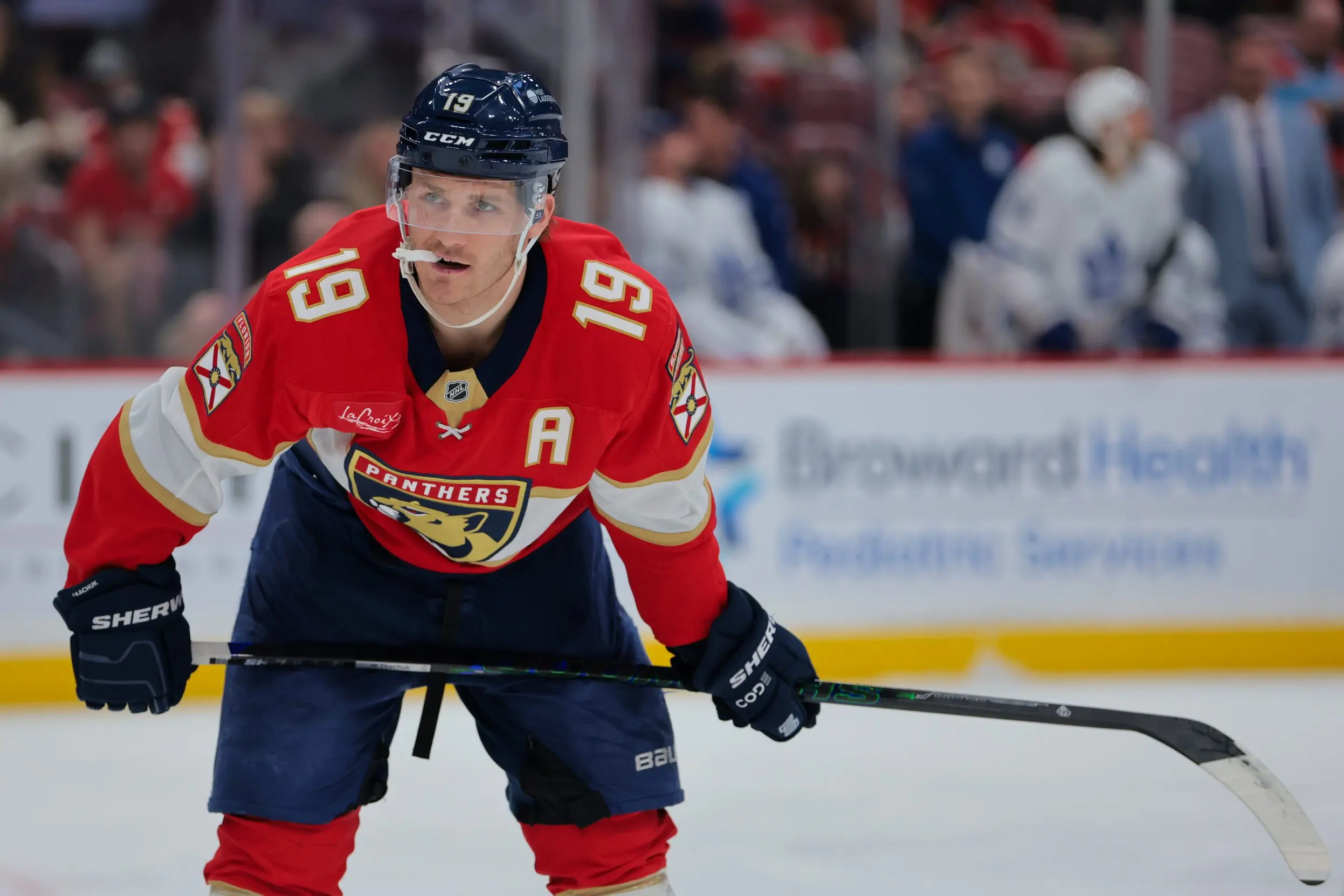 Florida Panthers left wing Matthew Tkachuk (19) looks on against the Toronto Maple Leafs during the first period at Amerant Bank Arena