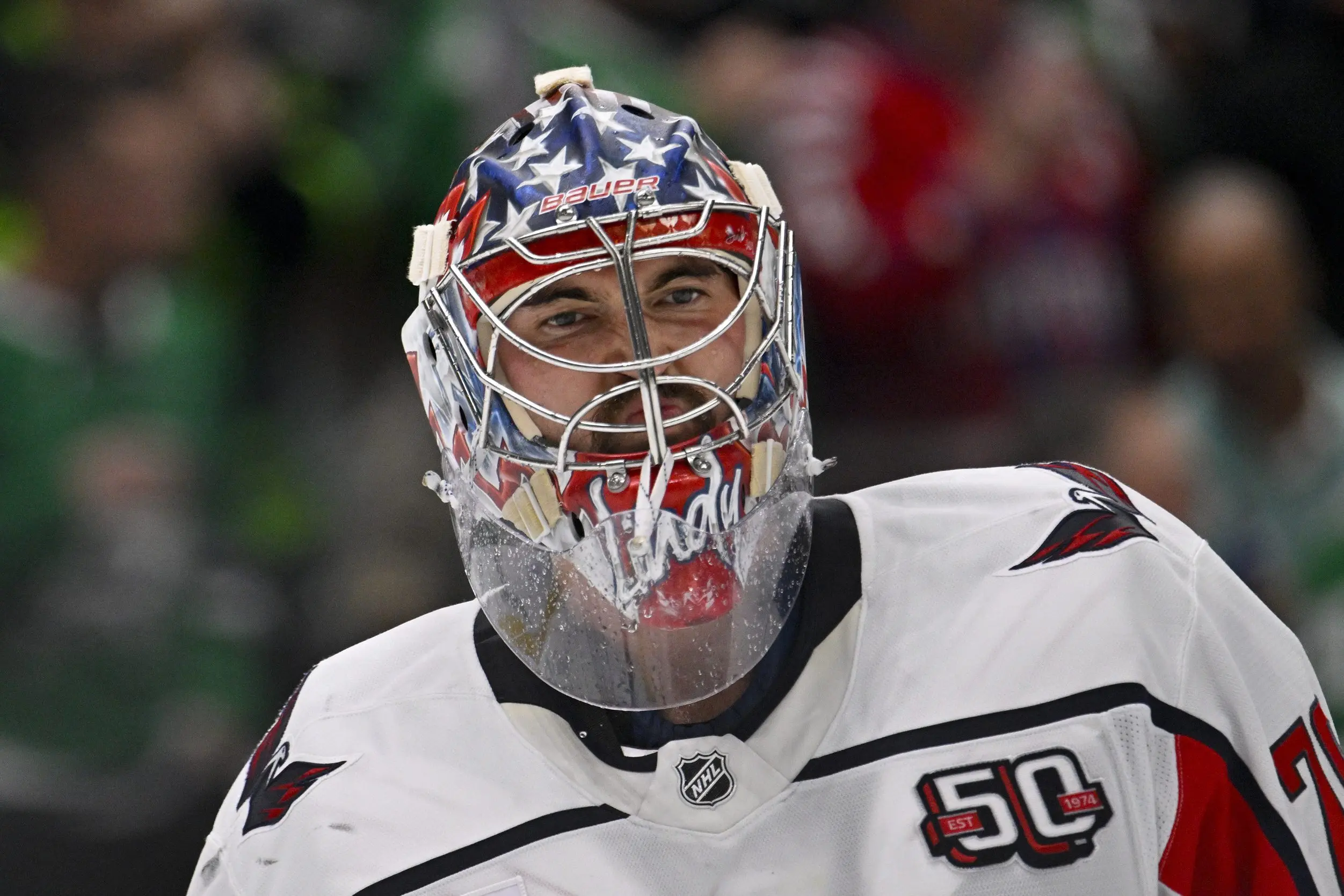 Washington Capitals goaltender Charlie Lindgren (79) during the game between the Dallas Stars and the Washington Capitals at American Airlines Center.