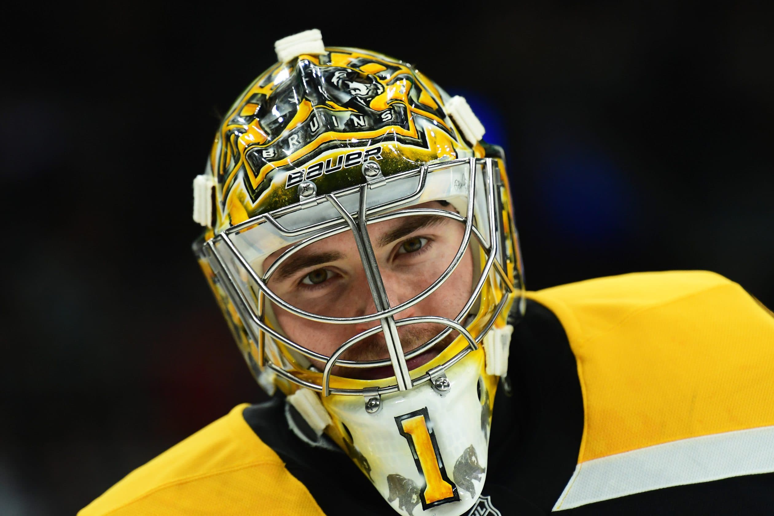 Boston Bruins goaltender Jeremy Swayman (1) during a timeout in the second period against the Columbus Blue Jackets at TD Garden.