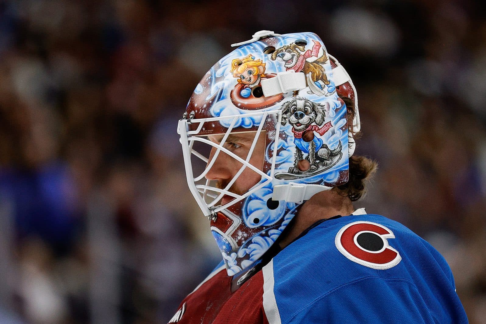 A detail view of the helmet of Colorado Avalanche goaltender Scott Wedgewood (41) in the first period against the Buffalo Sabres at Ball Arena.