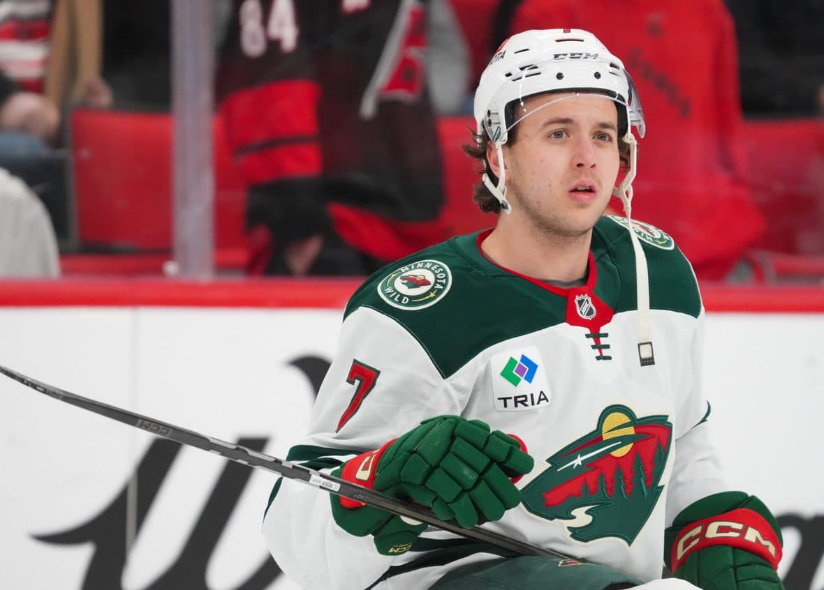 Minnesota Wild defenseman Brock Faber (7) looks on during the warmups before the game against the Carolina Hurricanes at Lenovo Center.