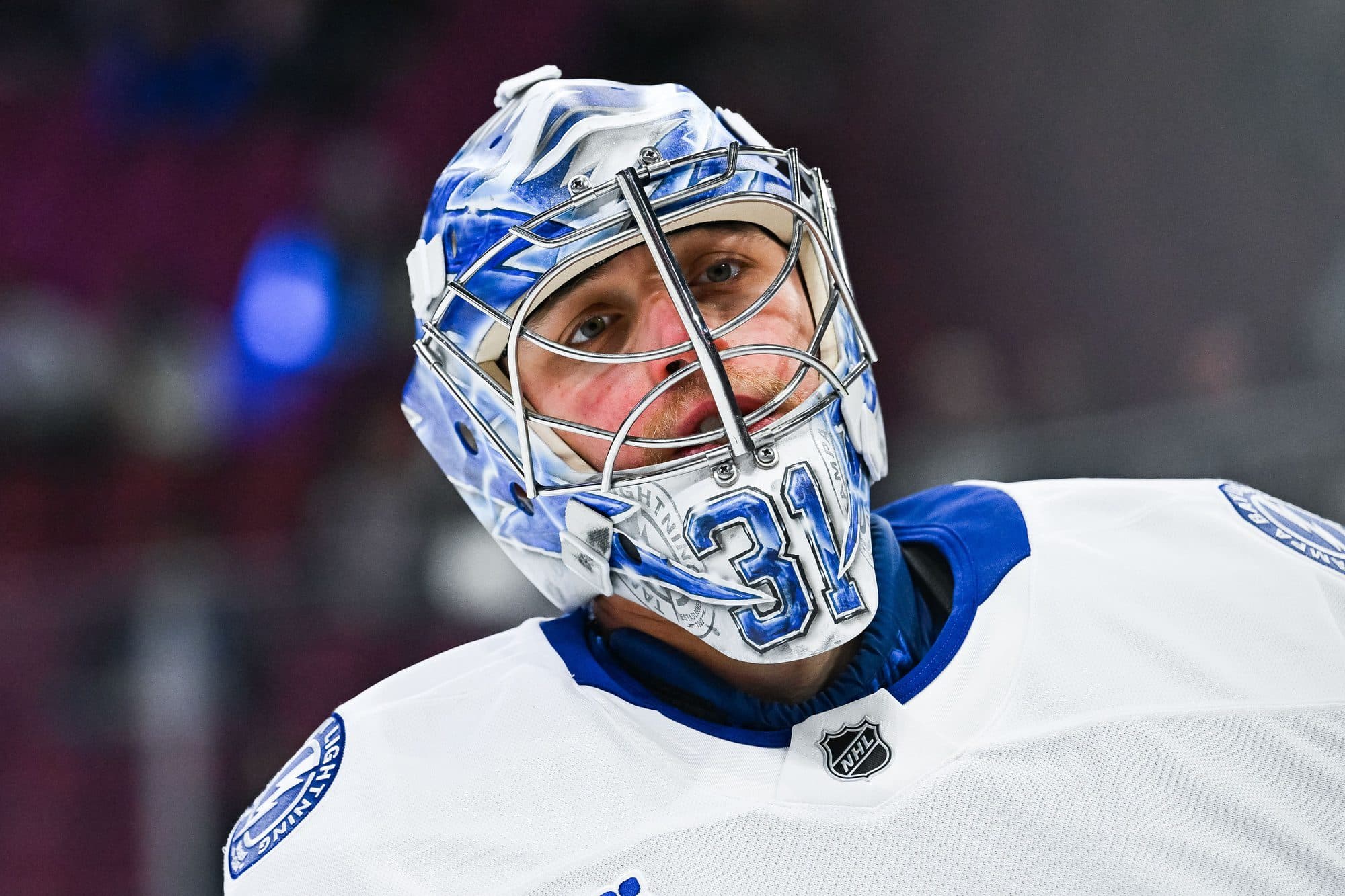 Tampa Bay Lightning goalie Jonas Johansson (31) looks on during warm-up before the game against the Montreal Canadiens at Bell Centre.