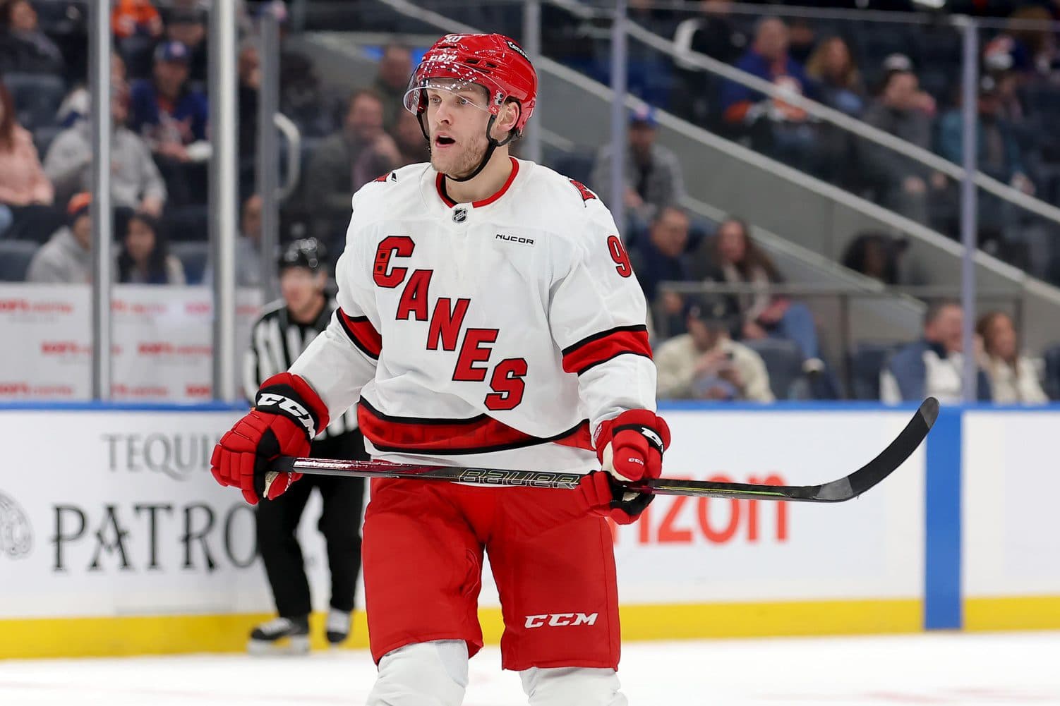 Carolina Hurricanes right wing Mikko Rantanen (96) skates against the New York Islanders during the first period at UBS Arena.