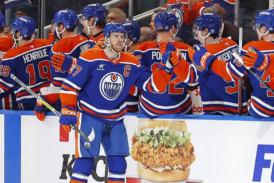 The Edmonton Oilers celebrate a goal scored by forward Connor McDavid (97) during the second period against the Seattle Kraken at Rogers Place.