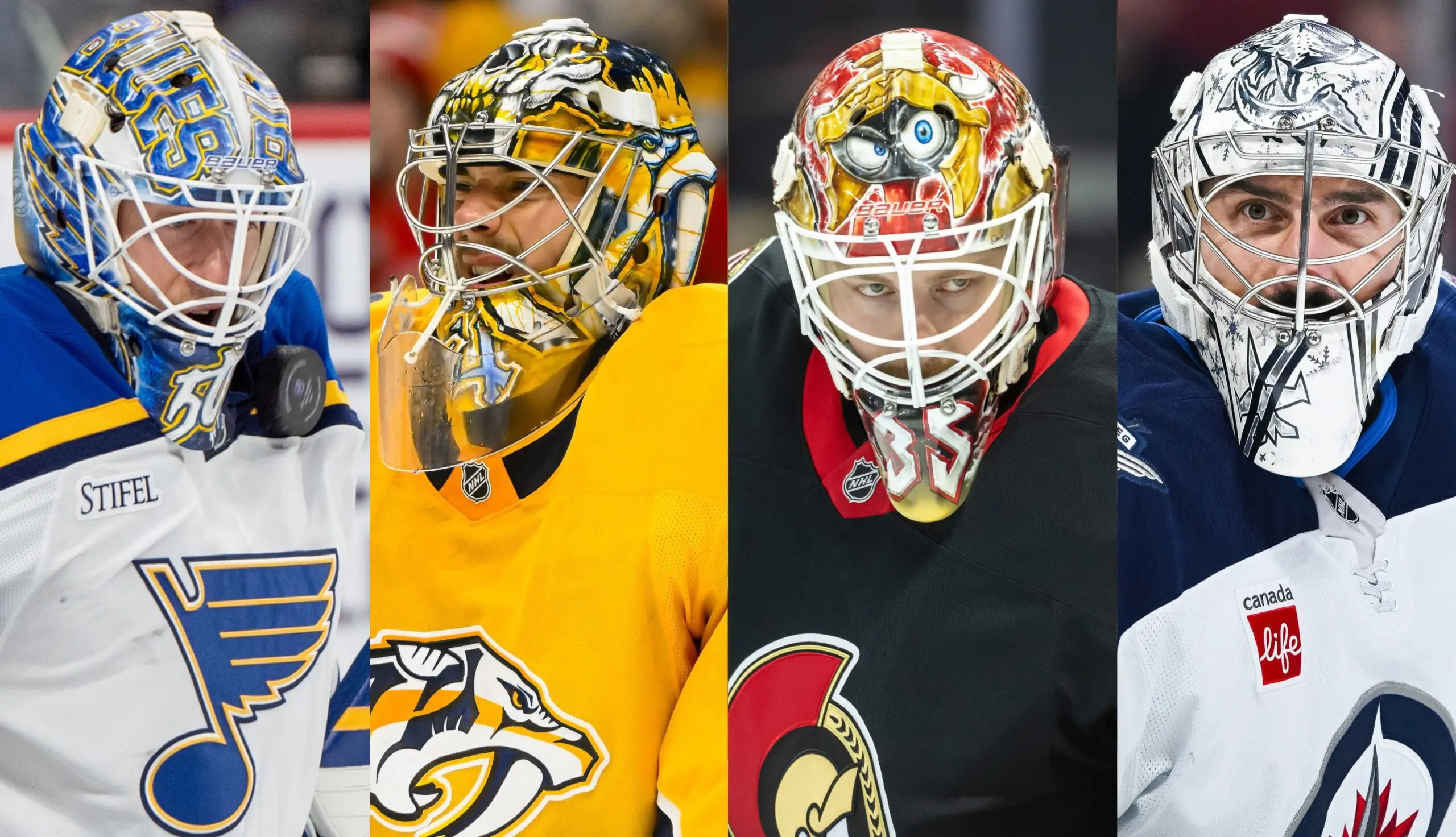 Jordan Binnington, Juuse Saros, Linus Ullmark and Connor Hellebuyck (Imagn Images)