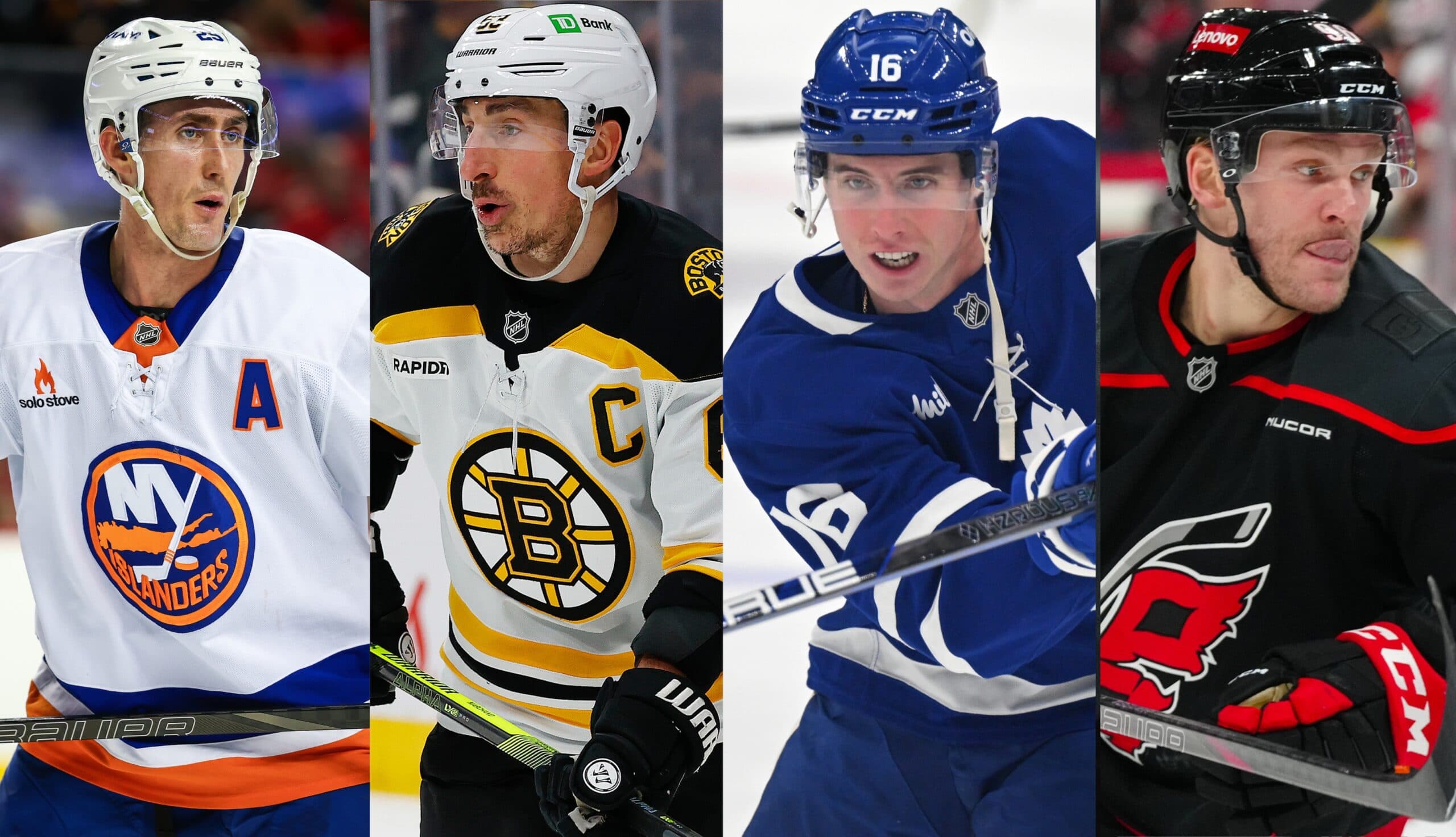 Brock Nelson, Brad Marchand, Mitch Marner and Mikko Rantanen