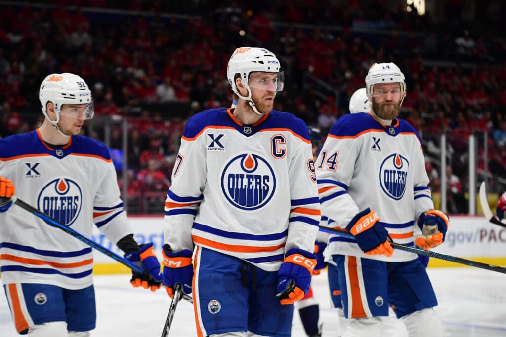 WASHINGTON, DC - FEBRUARY 23: Oilers center Connor McDavid (97) skates to a face-off during the Edmonton Oilers versus Washington Capitals National Hockey League game on February 23, 2025 at Capital One Arena in Washington, D.C.. (Photo by Randy Litzinger/Icon Sportswire via Getty Images)