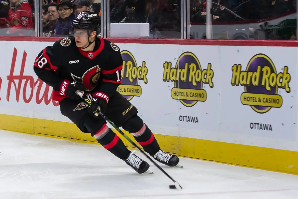 Ottawa Senators center Tim Stutzle (18) skates with the puck in the first period against the Dallas Stars at the Canadian Tire Centre.