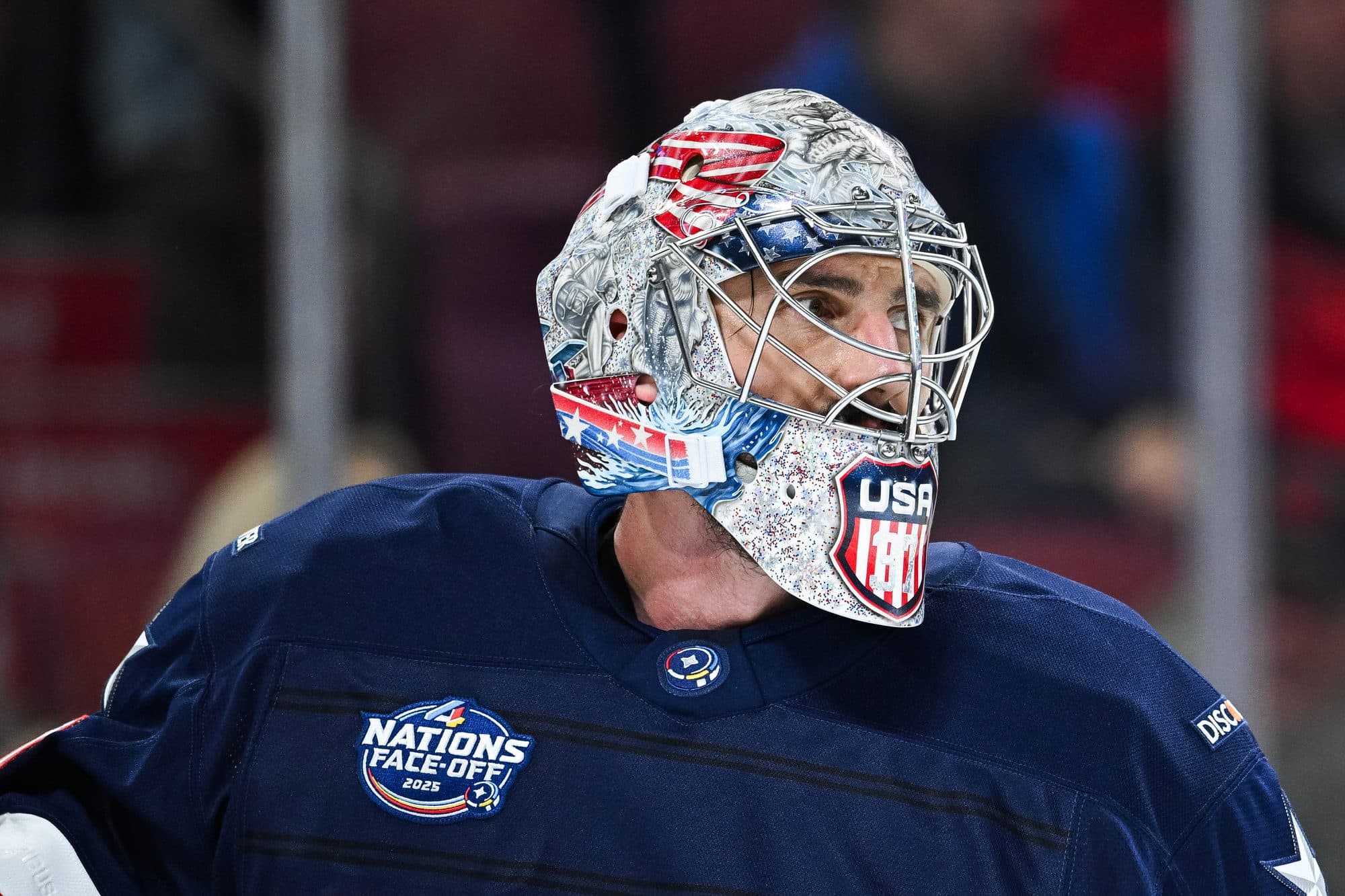 Team USA goalie Connor Hellebuyck (37) looks on against Team Finland in the second period during a 4 Nations Face-Off ice hockey game at Bell Centre.