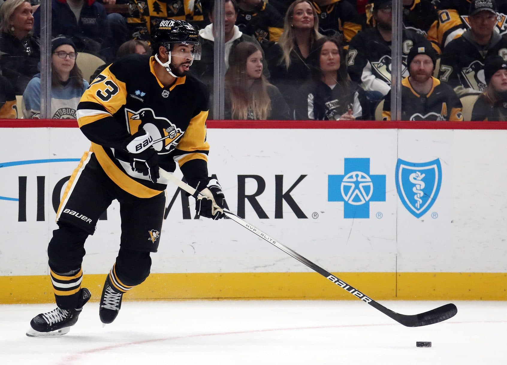 Pittsburgh Penguins defenseman Pierre-Olivier Joseph (73) handles the puck against the Philadelphia Flyers during the first period at PPG Paints Arena.