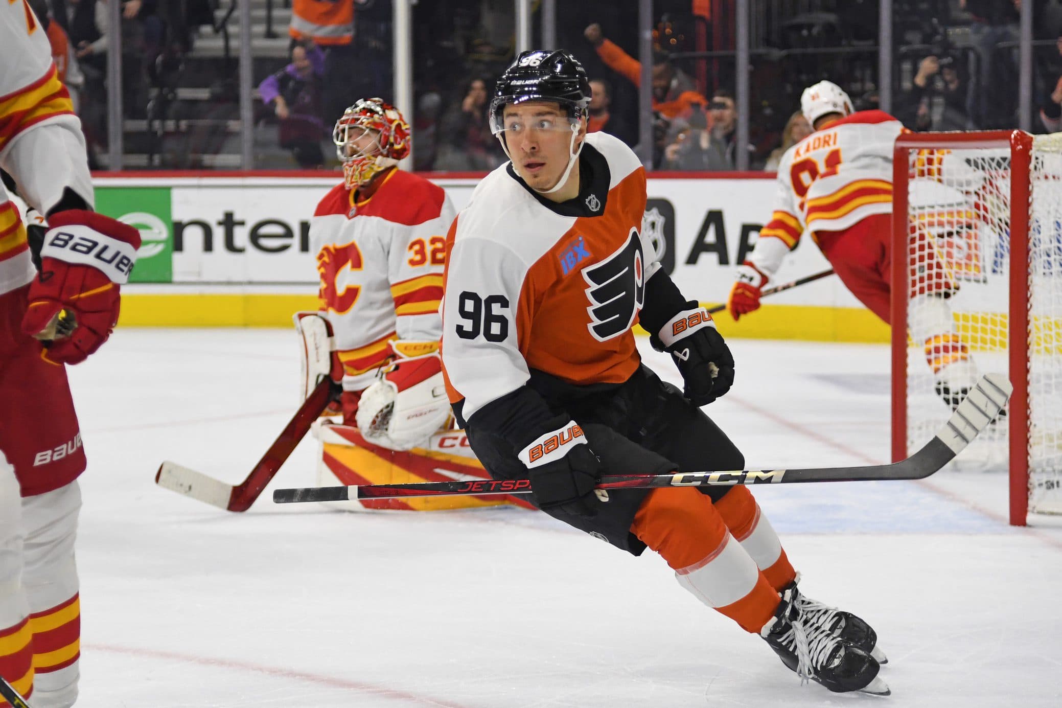 Philadelphia Flyers left wing Andrei Kuzmenko (96) celebrates his goal against Calgary Flames goaltender Dustin Wolf (32) during the first period at Wells Fargo Center.