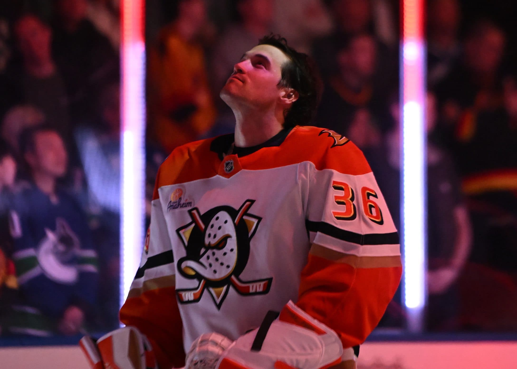 Anaheim Ducks goaltender John Gibson (36) during the first period against the Vancouver Canucks at Rogers Arena.