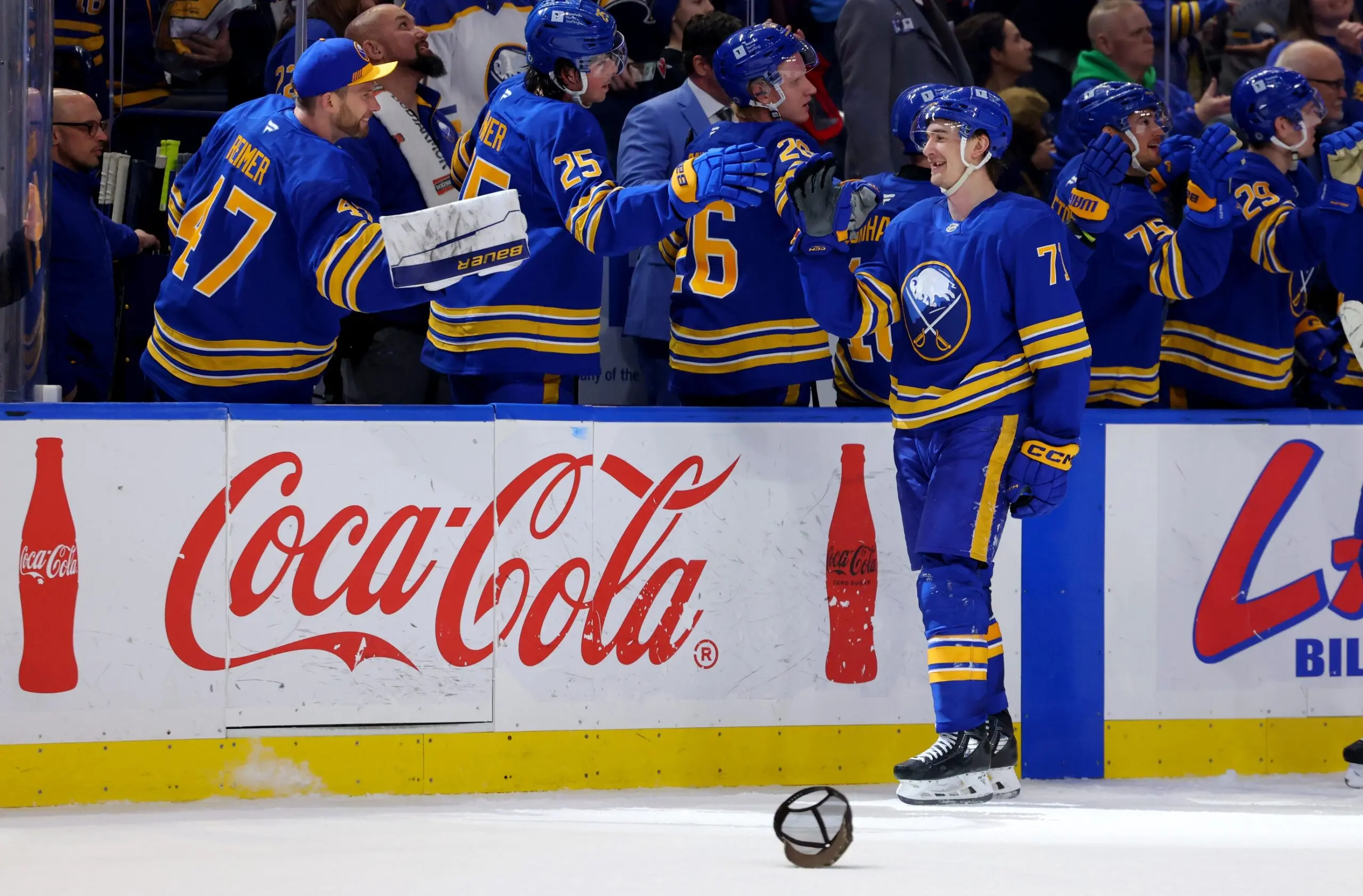 Buffalo Sabres center Ryan McLeod (71) celebrates his third goal of the game during the third period against the Carolina Hurricanes at KeyBank Center.