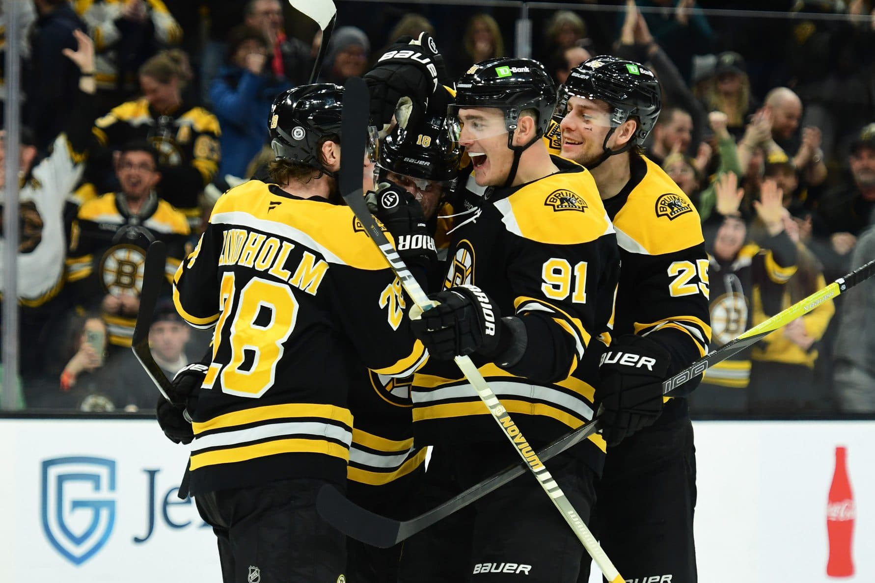 Boston Bruins defenseman Nikita Zadorov (91) reacts after a goal by center Elias Lindholm (28) during the third period against the Winnipeg Jets at TD Garden.