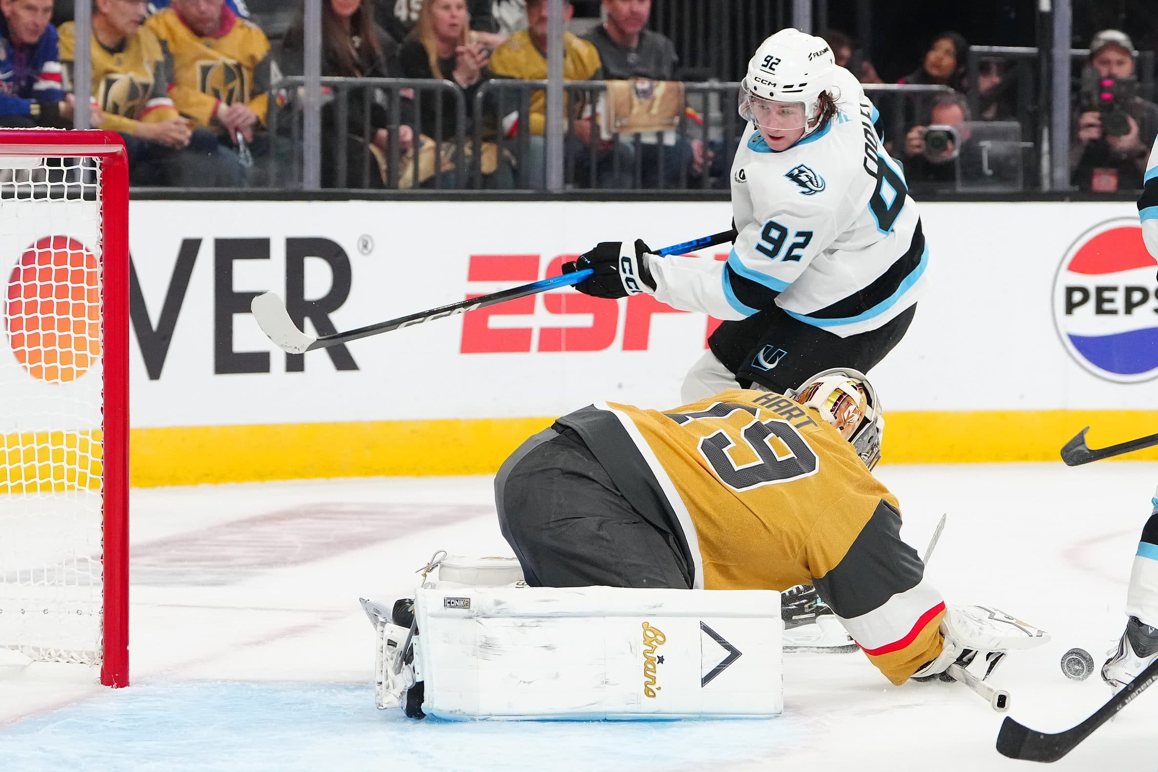 Vegas Golden Knights goaltender Carter Hart (79) makes a save against Utah Mammoth center Logan Cooley (92) during the second period of game one of the first round of the 2026 Stanley Cup Playoffs at T-Mobile Arena.