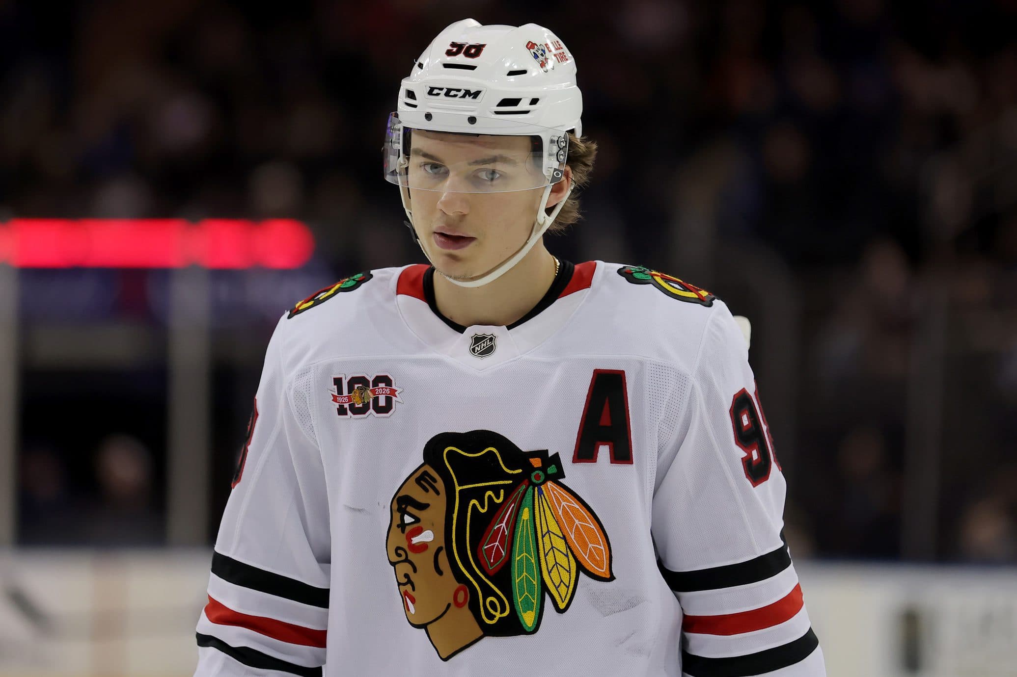 Chicago Blackhawks center Connor Bedard (98) skates against the New York Rangers during the first period at Madison Square Garden.