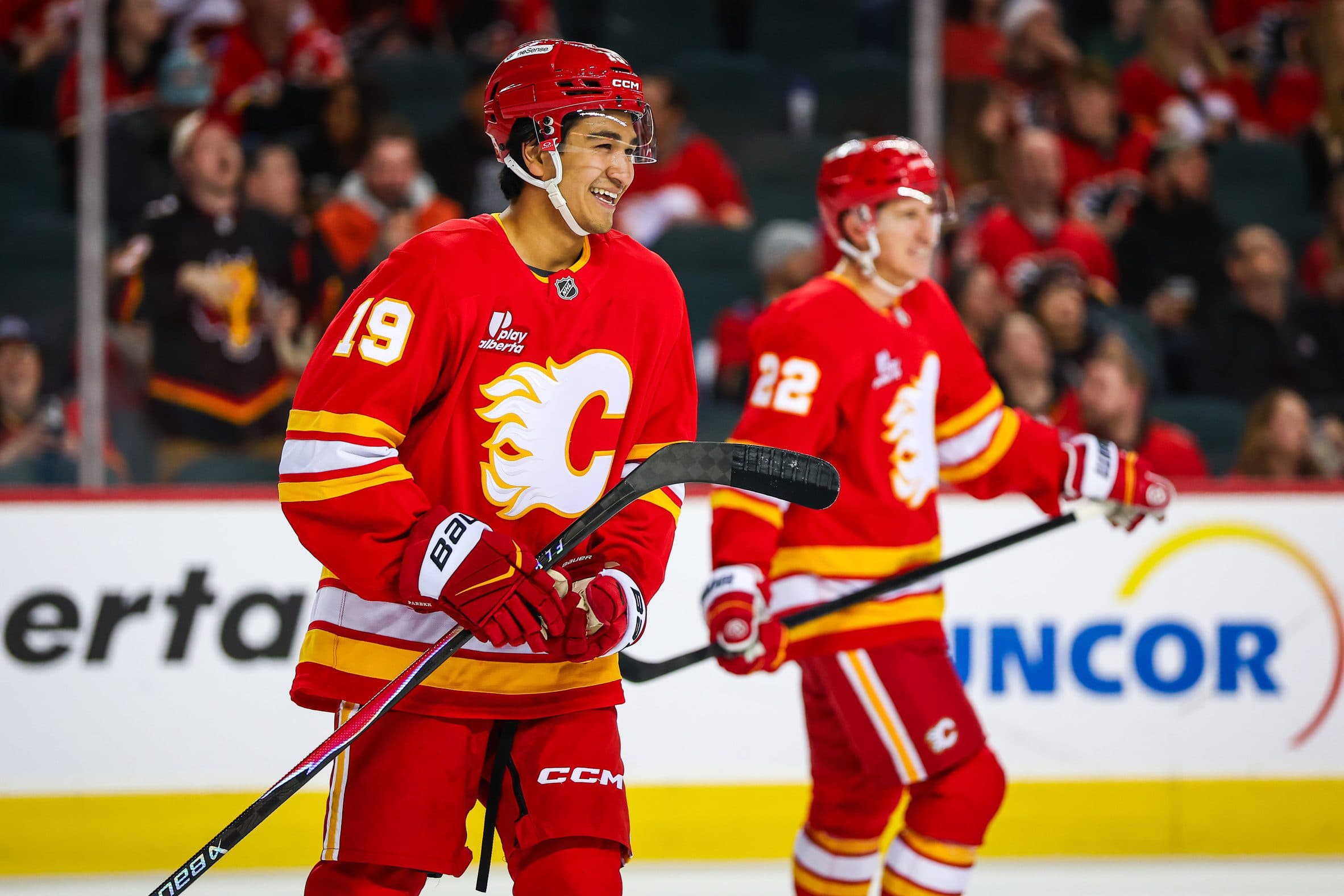 Calgary Flames defenseman Zayne Parekh (19) celebrates his goal against the Los Angeles Kings during the third period at Scotiabank Saddledome.